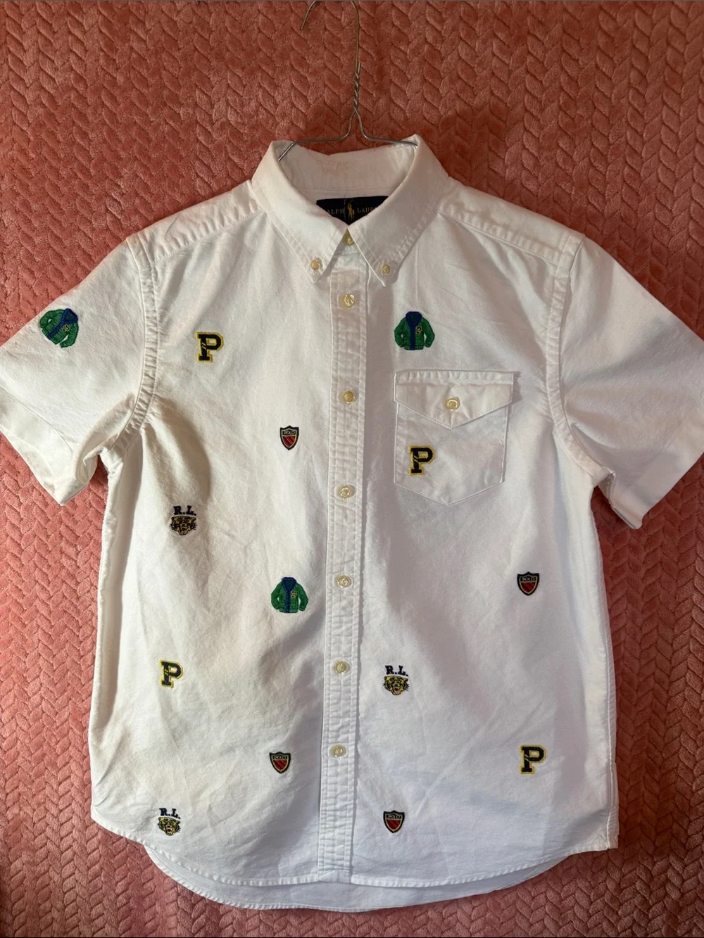 Boys Ralph Lauren White Short-Sleeve Button-Down Shirt with Embroidered Patches